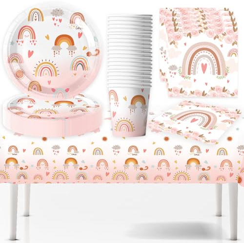 Vaisselle arc - en - ciel bohème, 61pcs décoration d'anniversaire de vaisselle de fête arc - en - ciel, assiettes, tasses, serviettes, serviettes de table (20 personnes)