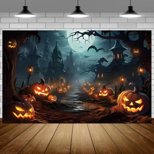 Niuoppy Halloween Photography Backdrop - Horrible Pumpkin Graveyard Witch Full Moon Night Backdrop for Children's Party Decoration (6x3.6ft) (Black)