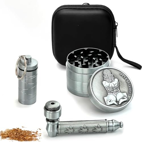 Ensemble de Grinder Set, Slege Grinder a epices φ50mm-4 pièces,Kit Pipe & Broyeur, Broyeur de Métal avec pot Rangement, sifflet en métal, argent vintage,Boîte portable voyage