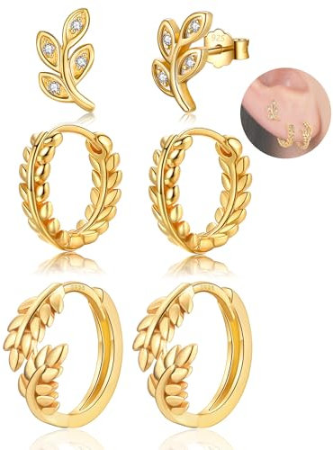 MASOP 3 Paar Blatt Ohrringe Gold Set für Mehrere Ohrlöcher Ohrringe Creolen Silber 925 Stecker AAA Zirkonia Ohrstecker Vergoldet Zweig Laub für Frauen Damen Mädchen 12/14mm