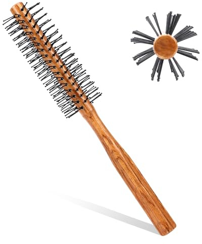 Kleine Runde Haarbürste, Runder Lockenkamm mit Holzgriff, Lockenbürste mit Nylonborsten für nasses Haar, Bart, Styling, Lifting, Locken (Holzfarbe)