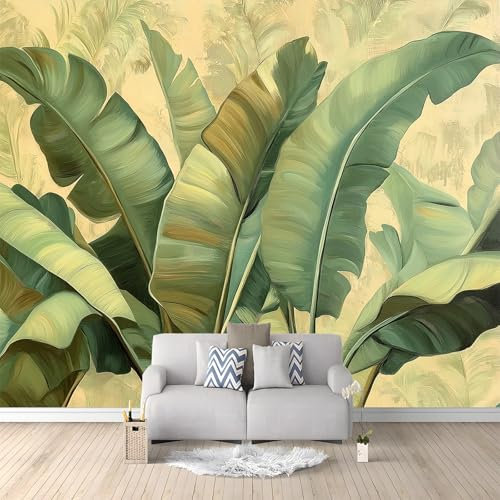 Papier Peint Panoramique Feuilles De Bananier Vertes Style Rustique 200x140 cm Poster Geant Mural 3D, Tapisserie Photo Peinture Murale, Papier Peint Intissé Fresque pour Salon Chambre Toile Fond TV