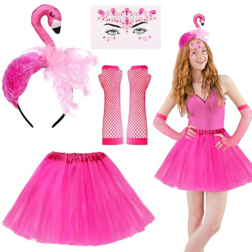 MQIAN Deguisement Flamant Rose, Déguisement Carnaval Femme, Costume de Flamant Rose Adulte, Serre-Tête, Jupe en Tulle pour Carnaval Hawaii Halloween Party
