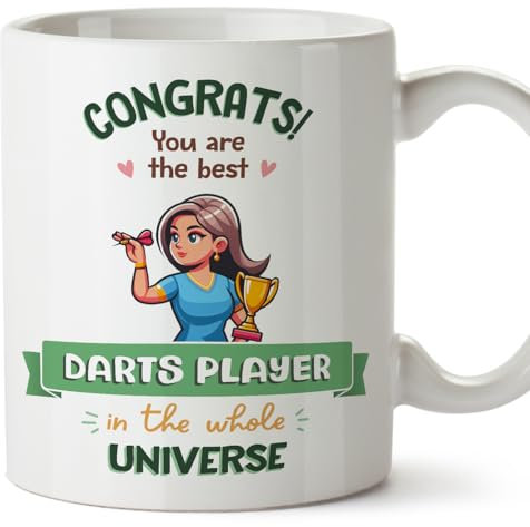 MUGFFINS Darts Player Woman Mug - in English - Best in Universe Trophy - Funny Gift for Colleagues - Ceramic 11oz Mug