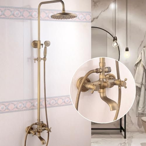 Bath Taps with Shower Attachment,Antique Shower Fixture Antique Brass Shower System Bathroom Shower Faucet Set,8 Inch Rainfall Shower Head Wall Mounted Shower System