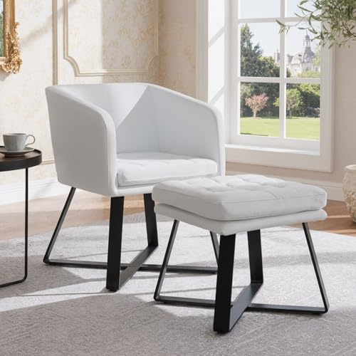 Ya-Home Sessel mit Hocker, Loungesessel Vintage Samt Cocktailsessel Akzentstuhl Waffelmuster Clubsessel für Wohnzimmer Schlafzimmer Büro, Weiß