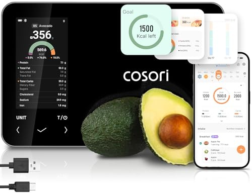 COSORI Báscula digital inteligente de cocina con calculadora nutricional, información de nutrientes en pantalla, aplicación gratuita para seguimiento de calorías y macro, escaneo de IA, objetivos