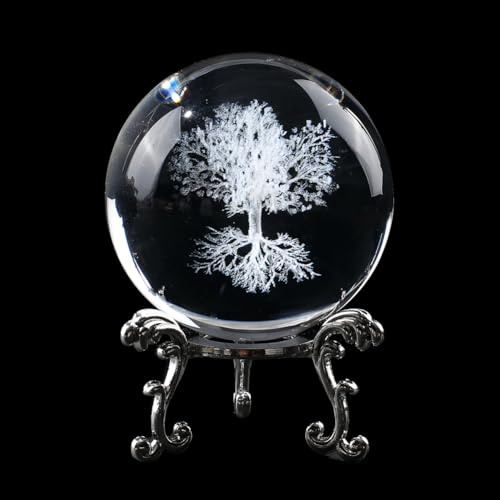 CREATCABIN Boule Cristal Transparente 60mm Sphères Réfléchissantes Scintillantes avec Support Accessoire Photographie Artisanal pour Diseuse Bonne Aventure Photos D'Intérieur Élégante Arbre 6x6cm