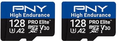 PNY Tarjeta microSDXC 2x128GB Pro Elite™ High Endurance C10 U3 V30 A2, hasta 100/90 MB/s de Lectura/Escritura, 4K UHD, Full HD, UHS-I, cámara de vigilancia y de Seguridad, Dash CAM