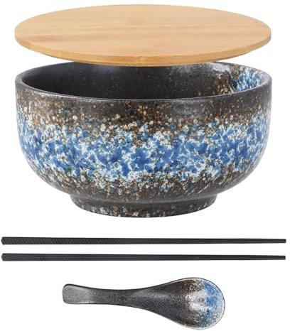 Culinavog Tazón de Ramen de Cerámica Japonesa, Tazones Grandes de Porcelana con cucharas y palillos, 1500ml Colorido Juego de tazones azules para pasta sopas ensalada aperitivos cereals