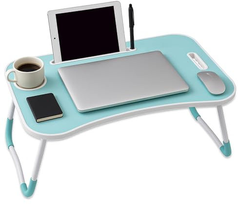 iTrend Laptop Bed Table, Laptop Desk with Foldable Legs & Cup Slot, Portable Tablet Notebook Stand Breakfast Bed Tray with Curved Design Charging Slot & Handle for Sofa, Bed, Terrace, Balcony, Blue