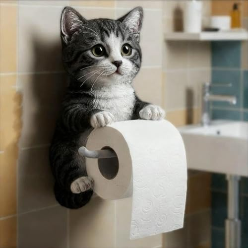 Cat Toilet Paper Holder,Cute Cat Paper Towel Holder,Funny Tissue Paper Roll Storage,Wall Mounted Toilet Paper Holder,Resin Novelty Standing Cat Kitchen Roll Holder for 10×6,5 cm Paper (Stil-G)