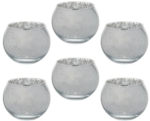 Dekorative Teelichthalter aus Glas, Türkis mit Sprenkel-Effekt, Runde Kerzenhalter, 6er Set, 5 x 5,1 x 5,6 cm (Silber)