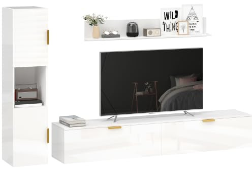 HOMCOM Wohnwand Wohnzimmer mit Wandregal und Aufbewahrungsschrank, 3-teiliges TV Set, Fernsehschrank Fernsehtisch mit Klapptüren, für Fernseher bis 55, Hochglanzweiß