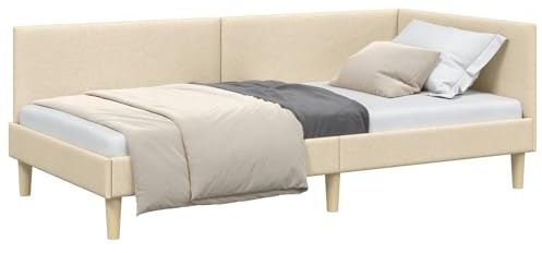 HFXHIJXQ Eckbettgestell Creme 80x200 cm aus Stoff und Sperrholz Lattenrost inkl. Kopfteil platzsparendes L-Design klappbares Gästebett für kleine Apartments Schlafzimmer und Studio