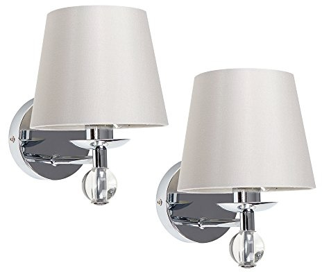 MiniSun | Modern Polished Chrome & Clear K9 Lead Crystal Wall Light Fittings with Tapered Grey Fabric Shades | Outdoor Wall Lights, Home Décor & Improvement Essential | Pair of 2 | Mains Wired