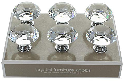 G Decor Short Diamond Crystal Glass Door Knobs Set, Vintage, Shabby Chic, Interior Furniture, Kitchen Bathroom Bedroom Accessories, Cabinet Cupboard Drawers Pulls Handles, 40mm (6-Pack)