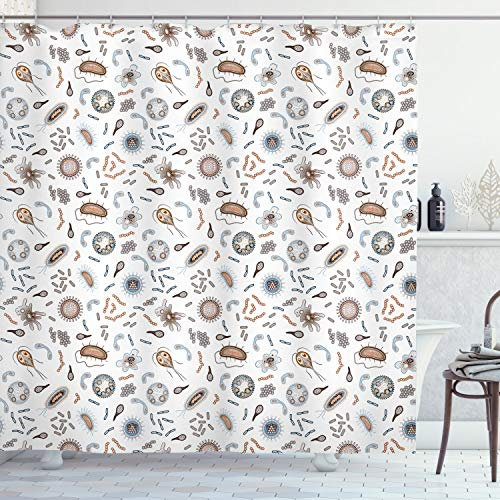 ABAKUHAUS Biologie Duschvorhang, Bakterien Viren und Bazillen, Stoffliches Gewebe Badezimmerdekorationsset mit Haken, 175 x 180 cm, Weiß Mehrfarbig