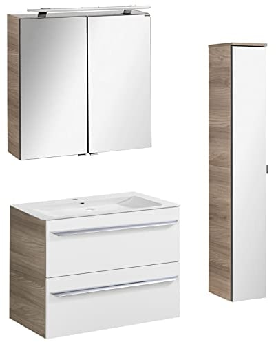 FACKELMANN helles Badmöbel Set 4-TLG. Luxor hängend Gusswaschbecken 80 cm & LED Spiegelschrank