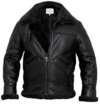 MARCO ENZOLANI Herren B3 Bomberjacke Flieger Echt Shearling B3 Bomber Schaffell Jacke Winter Schwarz
