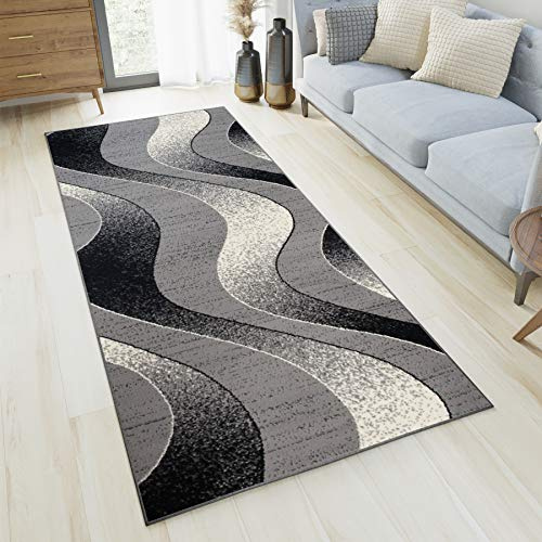 TAPISO Dream Läufer Flur Teppich Kurzflor Modern Brücke Grau Schwarz Creme Wellen Streifen Meliert Muster Wohnzimmer ÖKOTEX 100 x 300 cm