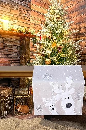 KAMACA Tischläufer 40x140 cm mit filigraner Stickerei Küche Esstisch Tisch Dekoration Eyecatcher in Herbst Winter Weihnachten (Lustige Elche hellgrau)