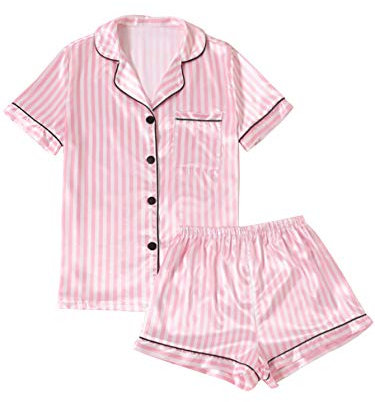 LYANER Ensemble de pyjama rayé à manches courtes en satin soyeux avec short pour femme, rose, Medium