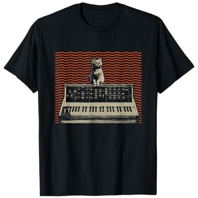 Vintage Synth Wave Keyboard Music Lover Analog Modular Synthesizer Music Producer Katze T-Shirt für Herren und Damen, Schwarz, S, Klassisch, Crew-Neck, Kurzarm, Klassische Passform, Katzenliebhaber