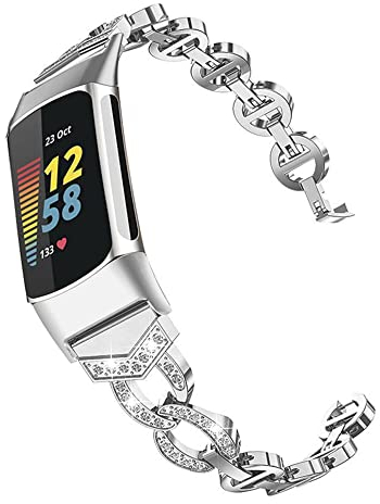 AISPORTS Compatible with Fitbit Charge 6/5 Strap for Women, Slim Crystal Bling Glitter Diamonds Rhinestones Metal Sport Wristband Bracelet Replacement Strap for Fitbit Charge 6/5 Activity Tracker