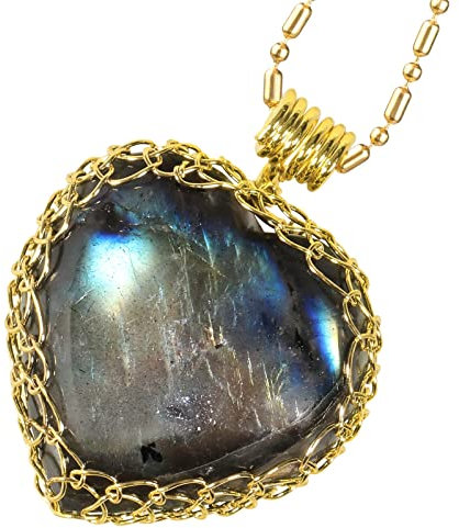 TUMBEELLUWA Natural Heart Love Labradorite Stone Necklace for Women Golden Wire Wrapped Crystal Stone Pendant with Chain, Stone, labradorite crystal stone,