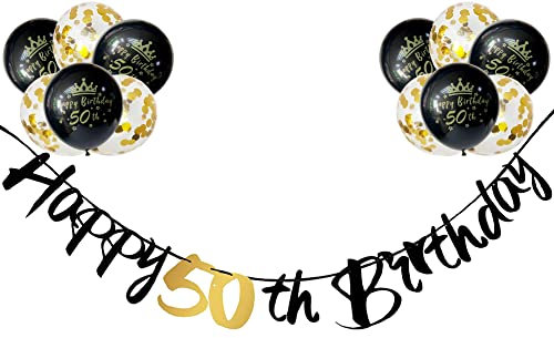 Happy 50th Birthday Banners Men Women 50th Birthday Banner Bunting Black Gold Personalized Including 12 Pack 12” Latex Printed Balloons Women Men 50 Decorations Supplies