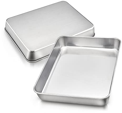 HaWare Small Oven Tray Set of 2, Baking Sheet Pans Stainless Steel Rectangle Cake Tins, Deep Roasting Pans for Brownie/Lasagna, 23.8 x 18 x 5cm, Healthy & Durable, Brushed Finished& Dishwasher Safe