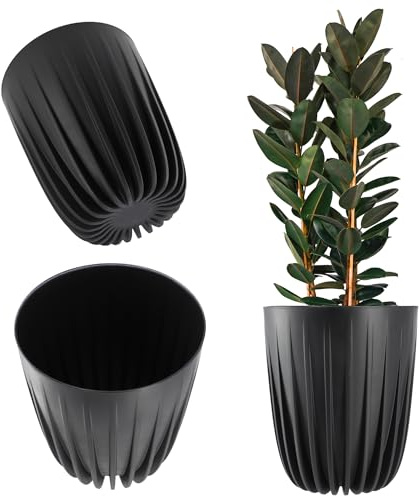 KADAX Blumentopf aus Kunststoff mit Naturmaterialien, Moderne Pflanztöpfe, Pflanzentopf mit geometrischem Muster, runder Blumenkübel mit Einsatz, Naturblumentopf, Hochübertopf (∅ 25 cm, Schwarz)