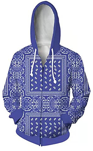 wuchun Bandana-Jacke, langärmliges Kapuzen-Sweatshirt, blau, lila, grün, schwarz, rot, Bandana-Grafik mit Reißverschluss für Männer und Frauen