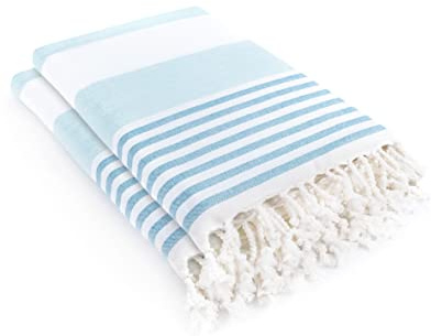 LAYNENBURG Set di 2 Premium telo mare in spugna con frange annodate a mano - 100% cotone Telo fouta hammam XXL 95x180 cm - OEKO-TEX 100 - telo hamam grande - asciugamano sauna e pestemal (Blu)