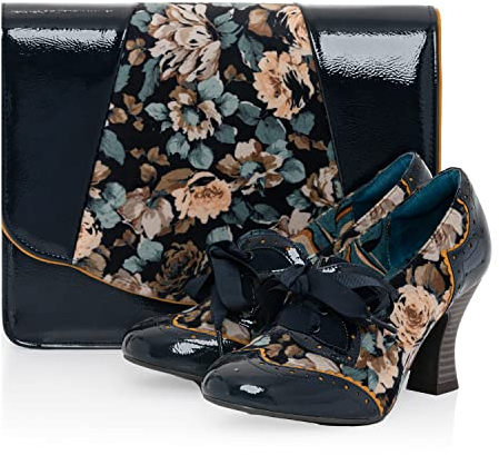 Ruby Shoo Daisy Schnürstiefel und passende Stanford-Tasche, Marineblau mit Blumenmuster, 42 EU