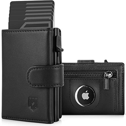 DODENSHA AirTag Wallet, RFID Blocking Genuine Leather Pop Up Credit Card Holder Wallet with Coin Pocket, ID Window, Banknote Compartment & Snap Closure