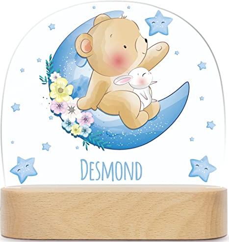 GRAVURZEILE Personalisiertes Kinder Nachtlicht - Mond Design - LED Nachttischlampe für das Kinderzimmer - Personalisierte Geschenke für Kinder & Babys - Geschenk zur Geburt - Babygeschenk - Bär