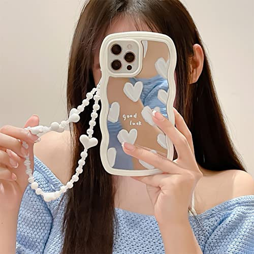 Rokmym Compatible avec Bracelet perlé Coque iPhone 13 Miroir Housse avec Glitter Perle Dragonne Chaîne Paillettes Bracelet Protection Wave Design Femme Fille Etui pour iPhone 13