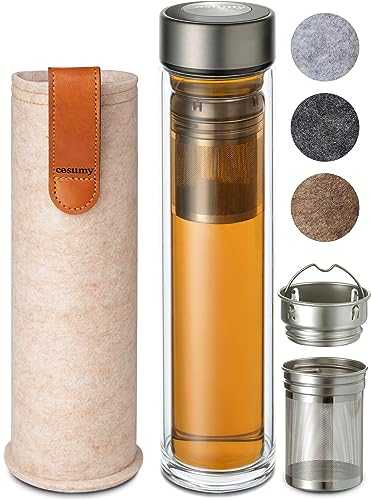 Cosumy Teeflasche mit Sieb to Go 500ml - Doppelwandiges Glas mit Filztasche - Hitzebeständig - Auslaufsicher - Spülmaschinenfest - (Beige)