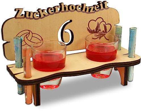 Urhome Hochzeit Schnapsbank aus Holz und 2 Schnapsgläser - 6. Hochzeitstag zur Zuckerhochzeit/Zinnerne Hochzeit - Hochzeitsbank mit Gläser zum Jubiläum Jahrestag - Hochzeitsgeschenk für Brautpaar