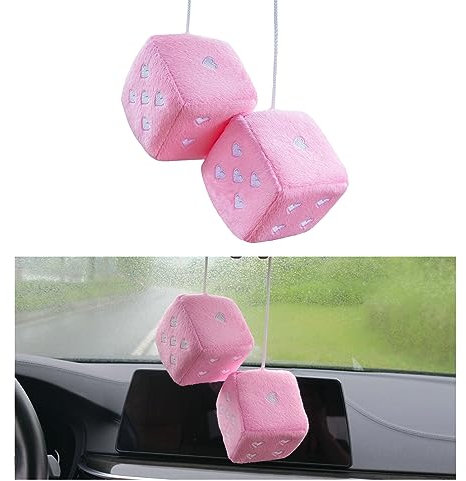 Ziciner Plüsch-Würfel für Autospiegel, 7,6 cm, quadratischer Retro-Würfel mit Herzform, universeller Auto-Rückspiegel, hängende Ornament-Dekoration, Fahrzeug-Innenzubehör für Frauen (Rosa)