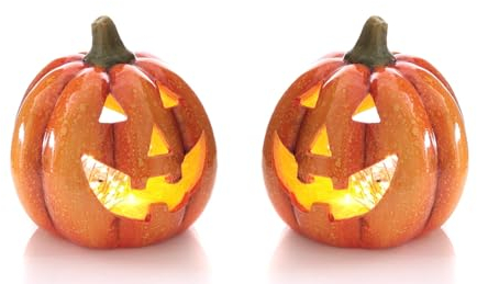 mucHome Windlicht Kürbis aus Keramik Herbstdeko Halloween Teelicht Laterne Lampe (Model 1: 2X ⌀13cm; Höhe: 14cm)