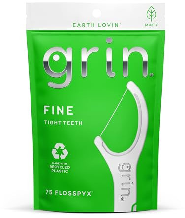 Grin Clean Flosspyx Filo interdentale, 75 pezzi, gusto menta, plastica riciclata, super resistente, per denti stretti, testina più lunga di alta qualità, include scovolino pieghevole sicuro
