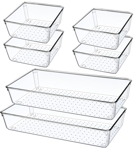 Giklux 6 Pcs Clear Kitchen Drawer Organiser Trays, 30CM 2 Sizes Large Acrylic Desk Drawer Dividers Organisers for Cutlery, Makeup, Utensils, Vanity, Dressing Table, Plastic Draw Storage Organiser