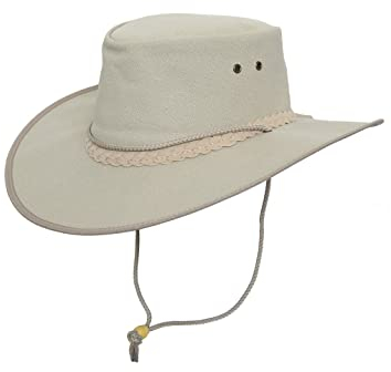 Australien Style Sommerhut mit breite Krempe, Vegan, angenehm leicht, Kinnband inklusive, toller Cowboy-Hut beim Wandern, Reisen, hoher Sonnenschutz am Strand, wasserfest, Unisex