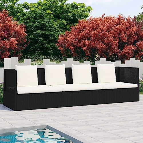 Hommdiy Garten-Sofabett mit Kissen Gartensofa Gartenmöbel Gartenliege Loungebett Outdoor Tagesbett Sofa Garten Schlafsofa Sofa Poly Rattan Schwarz und Weiß