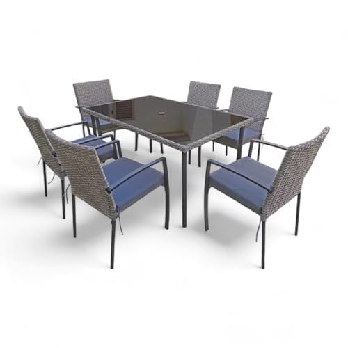 Jet-Line® | Gartenmöbel Set | Essgruppe | Balkon möbel | grau | 6 Stühle stapelbar & Tisch 1.5 m0,9 m | Outdoor Polyrattan | Garten | Terrassen Set | Rattan Garten| Terassenmöbel außen| Garten