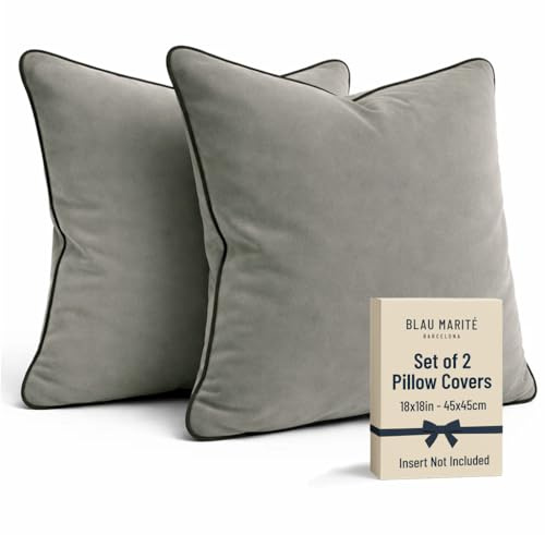 Blau Marité Kissenbezüge 45x45 cm – 2er Set aus weichem Samt – Dekokissen mit kontrastierendem Rand – Mittelgrau & Dunkelgrau – Ohne Füllung