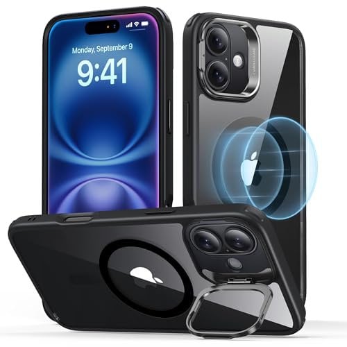 ESR for iPhone 16 Case, Compatible with MagSafe, Military-Grade Protective Case, Built-In Stash Stand Phone Case, Scratch-Resistant Back Cover, Classic Series, Clear Black